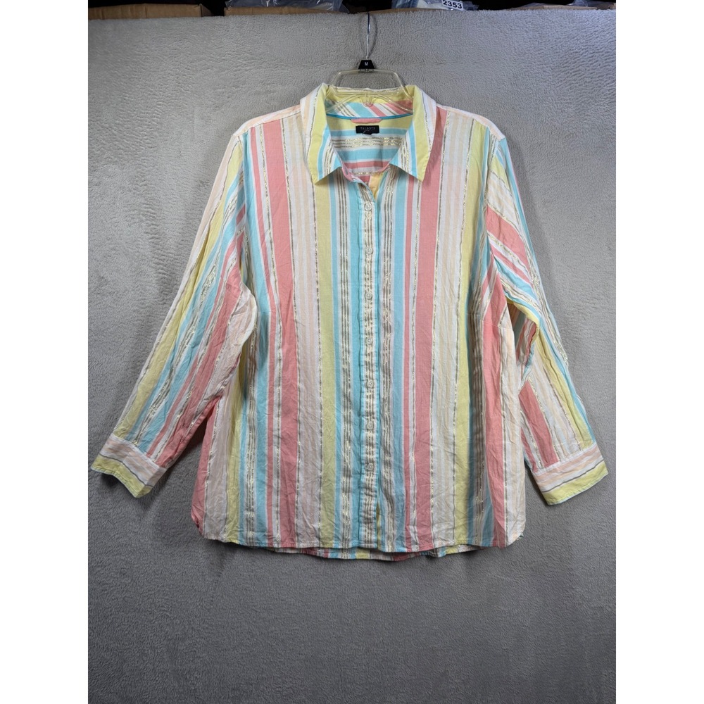Talbots Button Down Shirt Womens 2X Multi Color Pastel Striped Metallic Shimmer